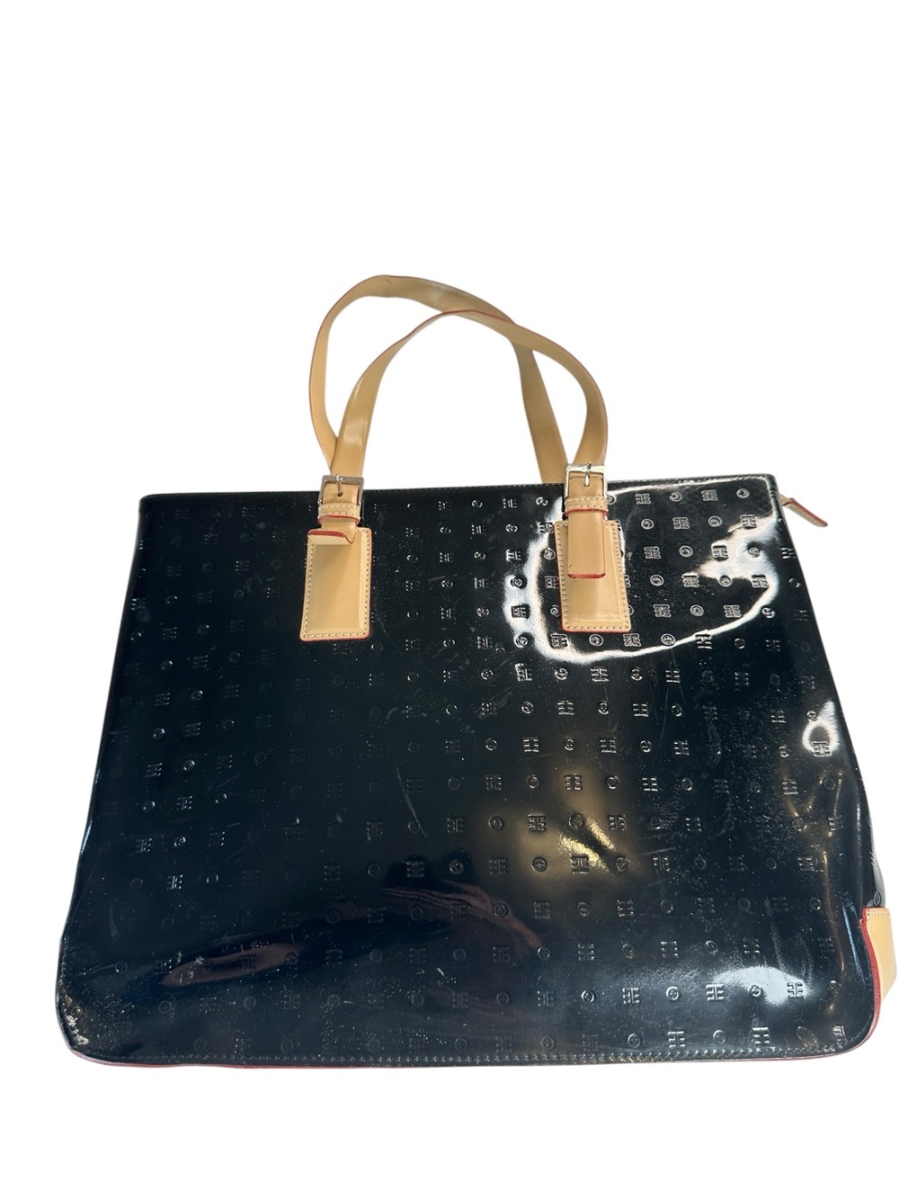 Arcadia Patent Leather Tote Black Tan Made in Italy Genuine Leather Monogram Bag